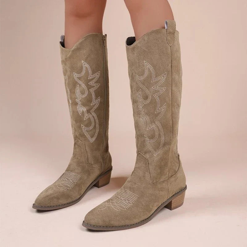 Dameslaarzen in westernstijl, cowboylaarzen met hoge schacht, borduursel en rits