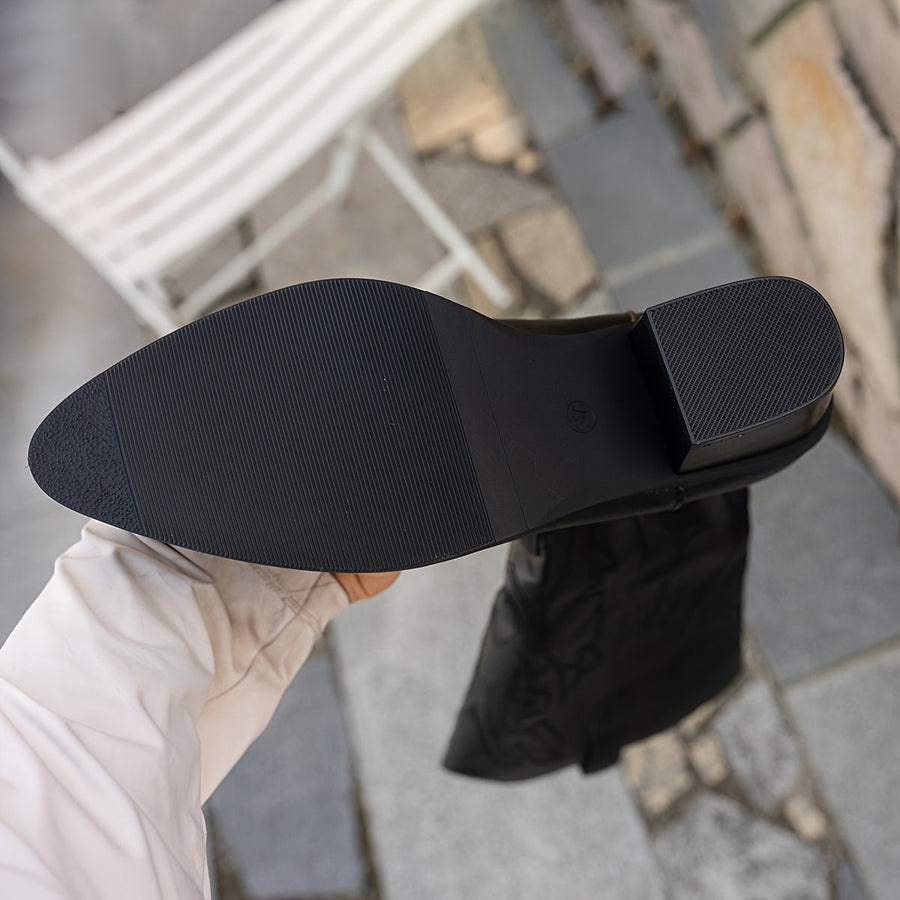 Schwarze Westernstiefel für Damen, kniehoch, mit Stickerei und Blockabsatz