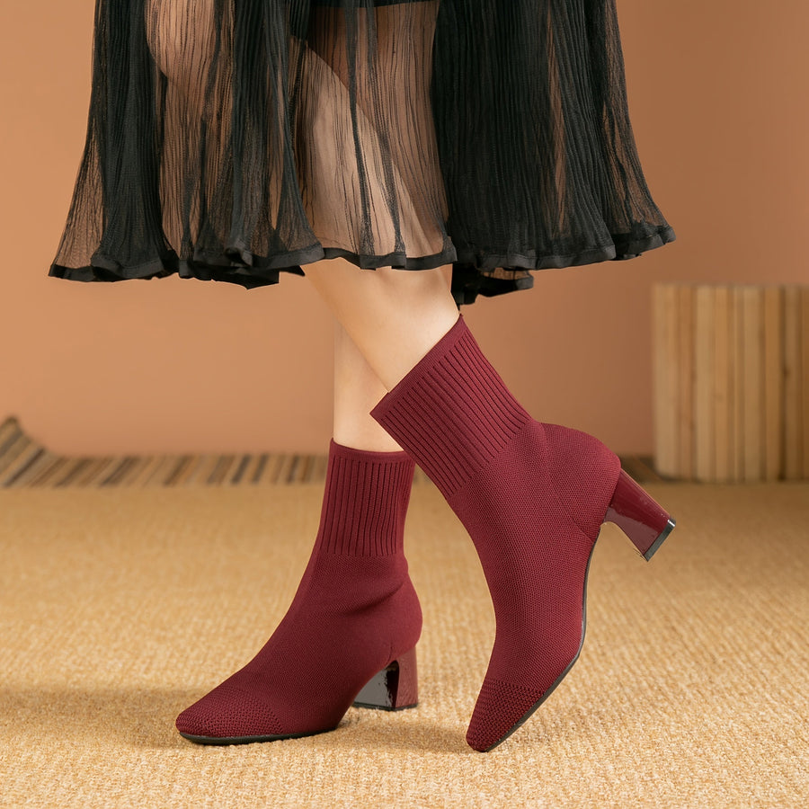 Gestrickte Chelsea Sock-Stiefeletten mit Blockabsatz & spitzer Zehenpartie