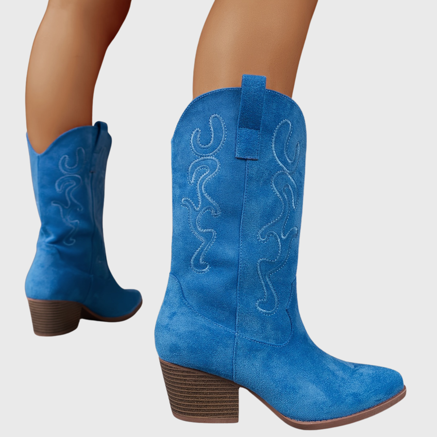 Damen Westernstiefel Blau mit Stickerei und breitem Absatz