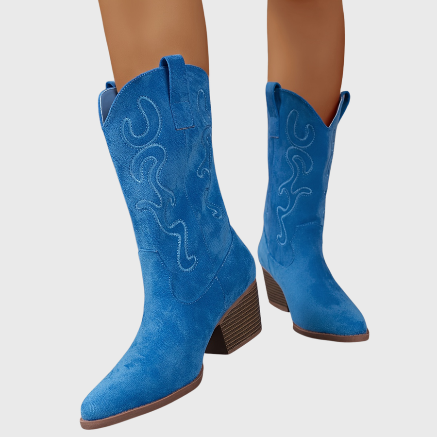 Damen Westernstiefel Blau mit Stickerei und breitem Absatz