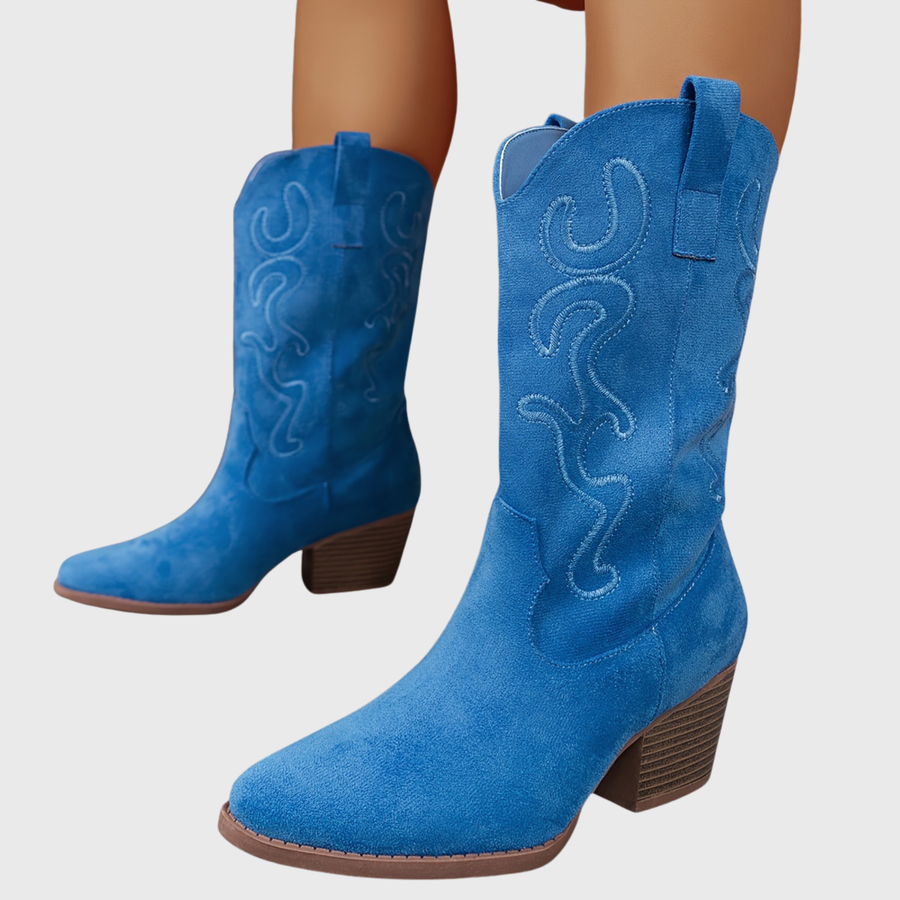 Damen Westernstiefel Blau mit Stickerei und breitem Absatz