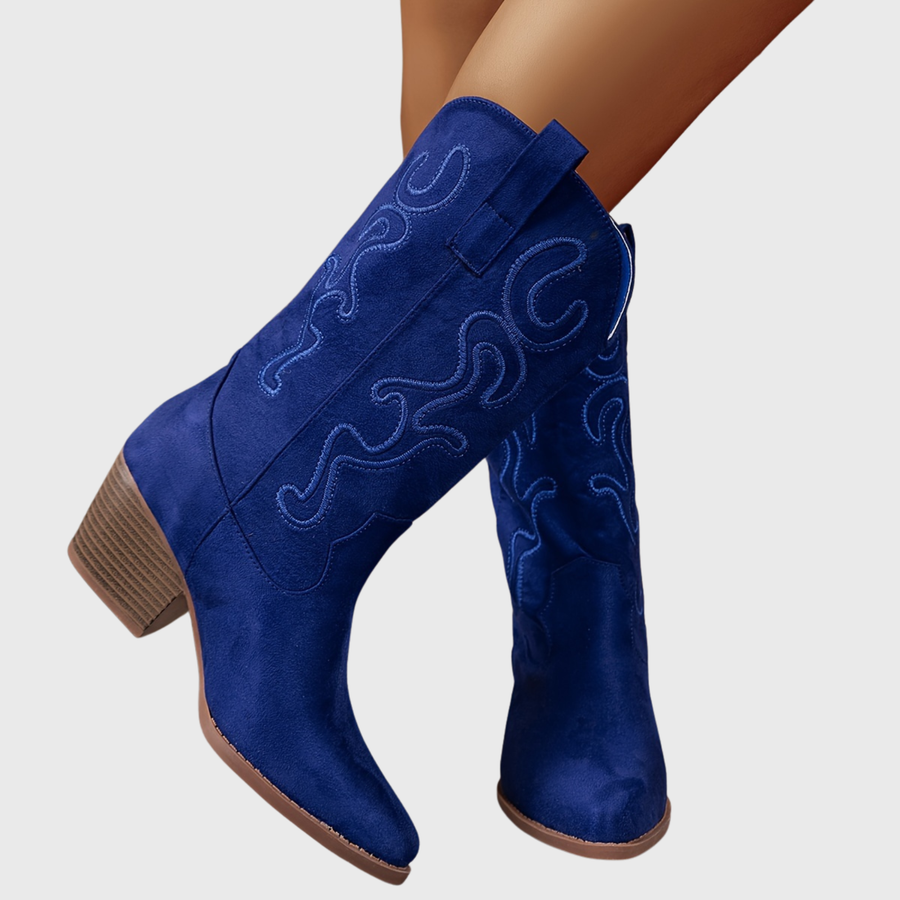 Damen Westernstiefel Blau mit Stickerei und breitem Absatz