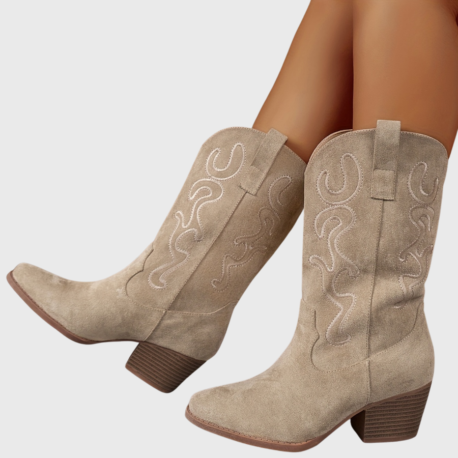 Damen Westernstiefel Blau mit Stickerei und breitem Absatz