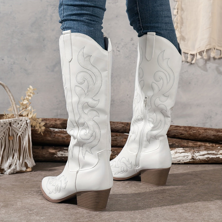 Cowboylaarzen voor dames met borduursel, kniehoge schacht, hak, westernlaarzen