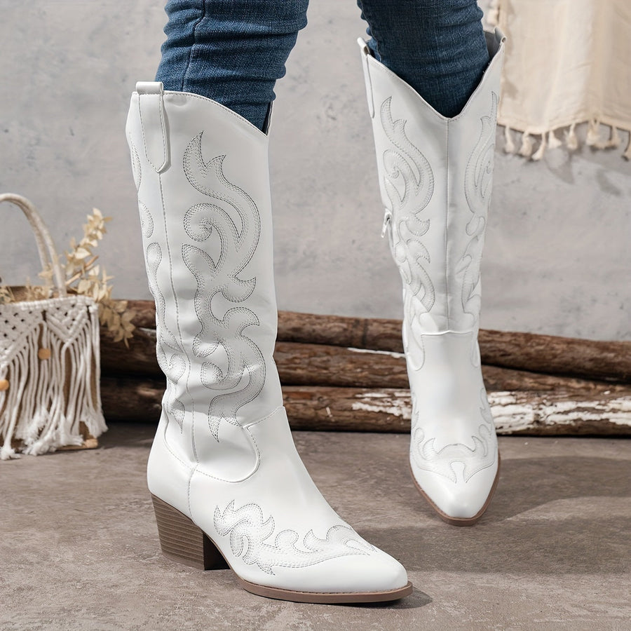 Cowboylaarzen voor dames met borduursel, kniehoge schacht, hak, westernlaarzen