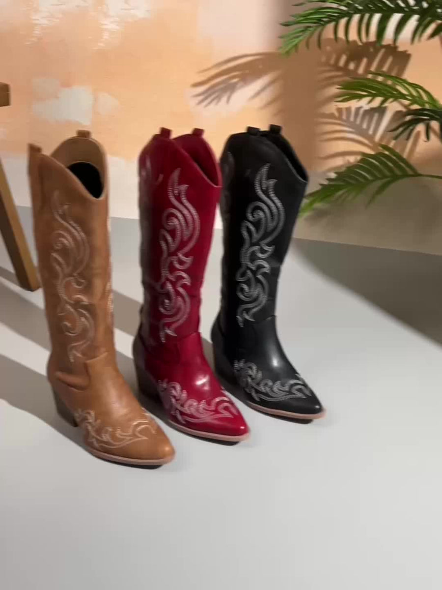Cowboylaarzen voor dames met borduursel, kniehoge schacht, hak, westernlaarzen