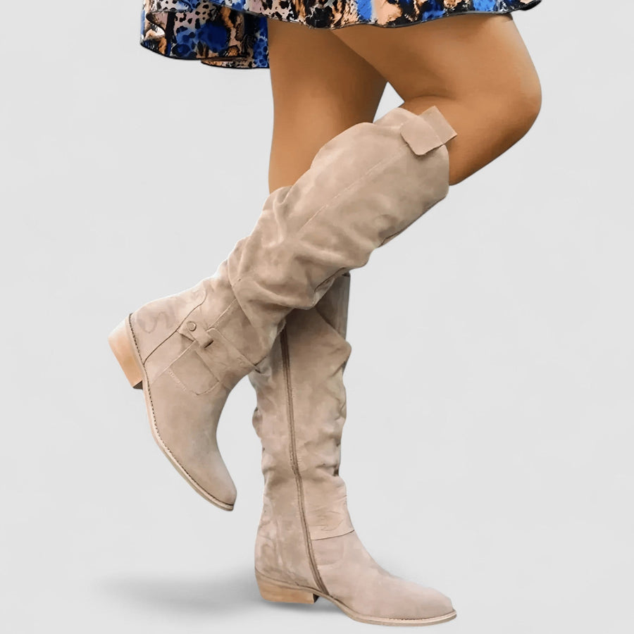 Damen Kniehohe Stiefel mit niedrigem Blockabsatz und Reißverschluss