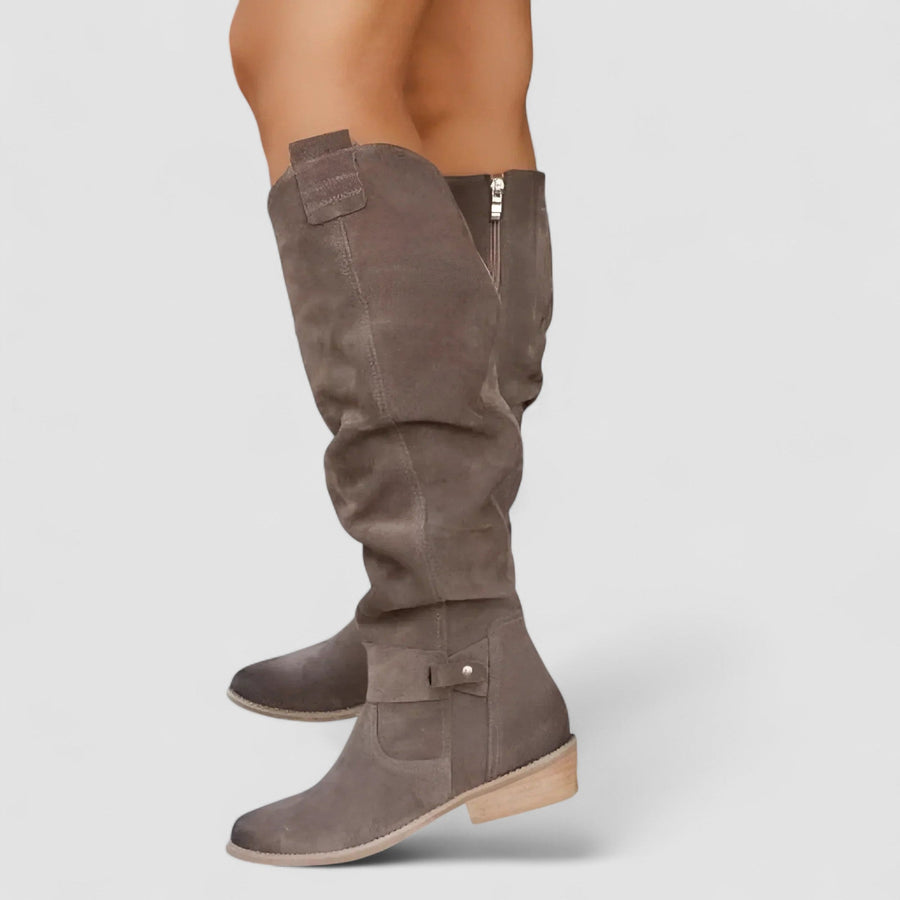 Damen Kniehohe Stiefel mit niedrigem Blockabsatz und Reißverschluss