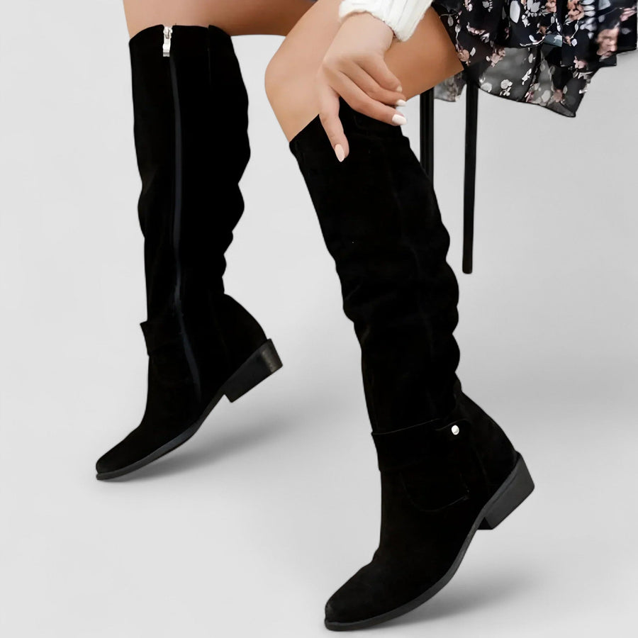 Damen Kniehohe Stiefel mit niedrigem Blockabsatz und Reißverschluss