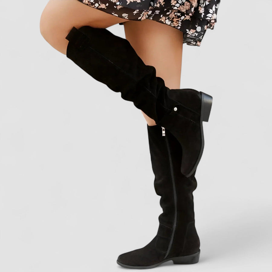 Damen Kniehohe Stiefel mit niedrigem Blockabsatz und Reißverschluss