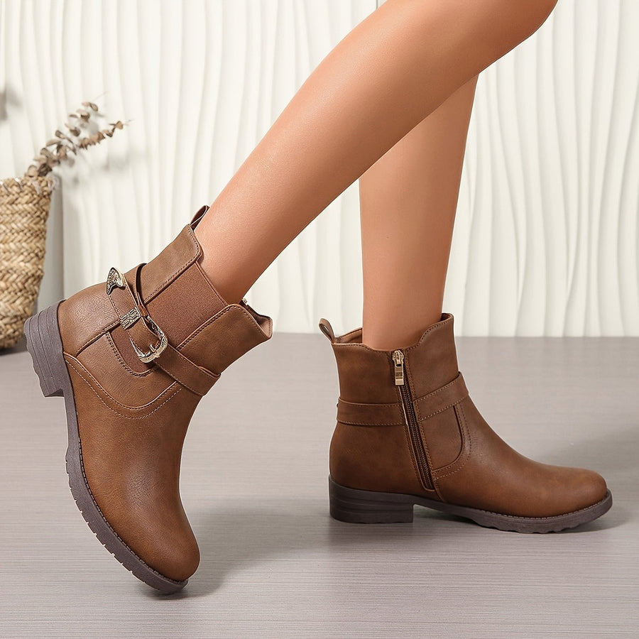Braune Damen Stiefeletten mit Schnallen-Detail und seitlichem Reißverschluss
