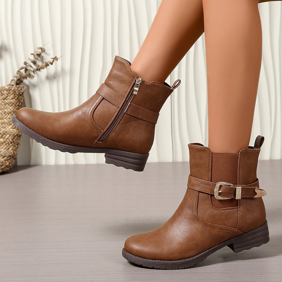 Braune Damen Stiefeletten mit Schnallen-Detail und seitlichem Reißverschluss