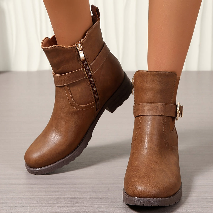 Braune Damen Stiefeletten mit Schnallen-Detail und seitlichem Reißverschluss