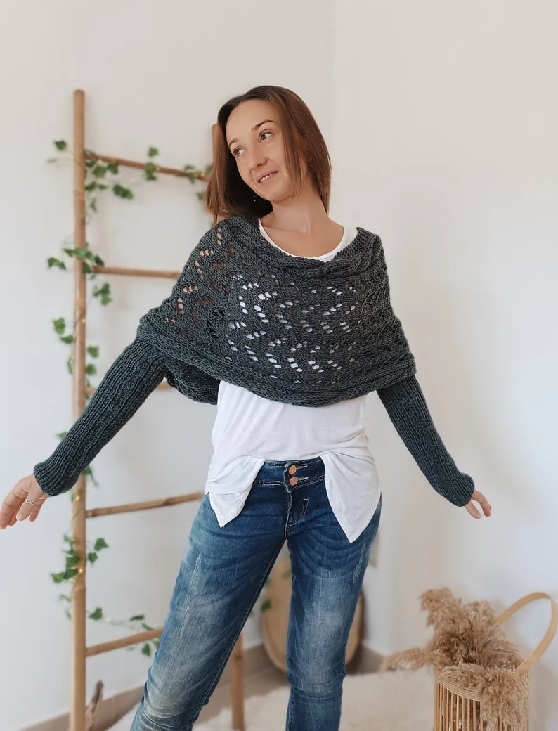 Damen Strick Bolero mit langen Ärmeln und Lochmuster