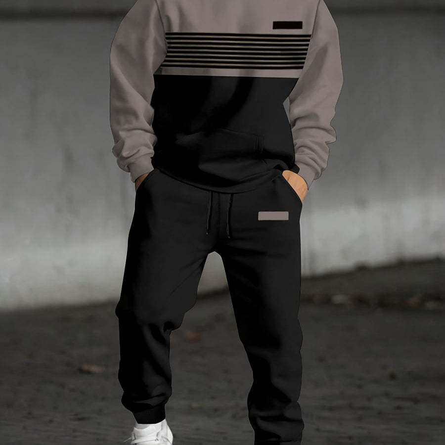 Herren Trainingsanzug Hoodie & Jogginghose Zweiteiler Grau Schwarz mit Streifen
