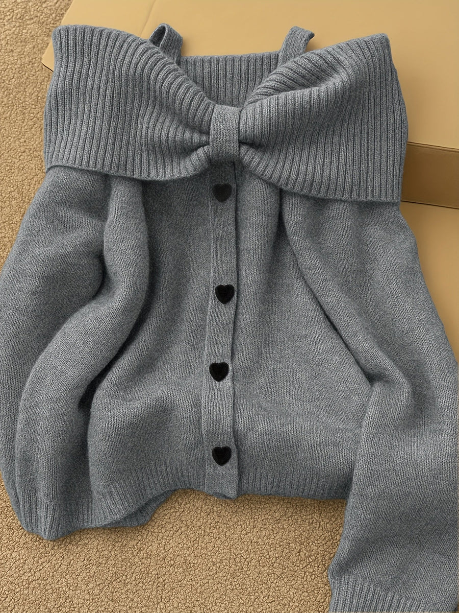 Damen Strickpullover Carmen-Ausschnitt Schleife Herzknöpfe
