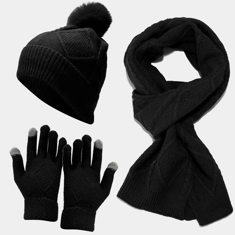 Wintermutsenset met gebreid patroon, pompon, sjaal en touchscreenhandschoenen