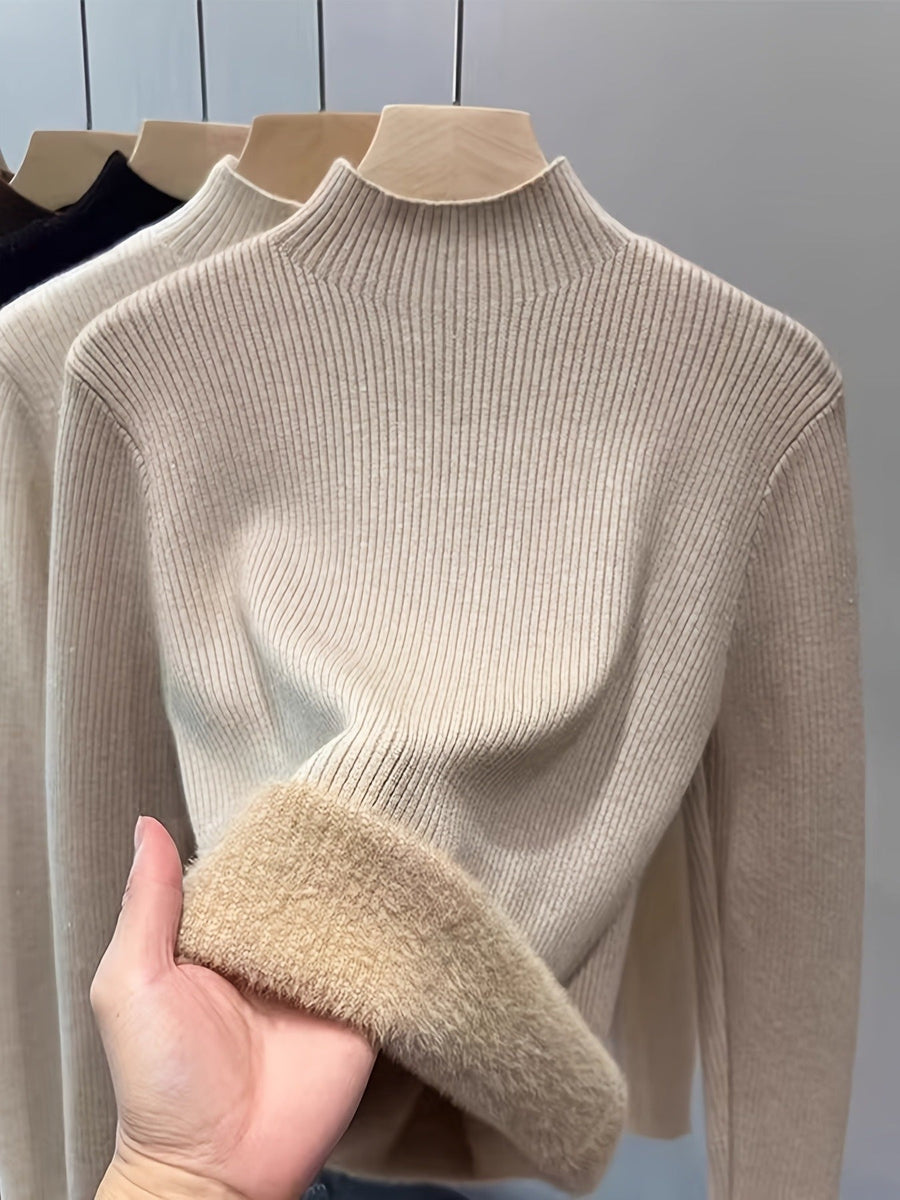 Gerippter Damen Mock-Neck Pullover Langarm Futter Weich Warm