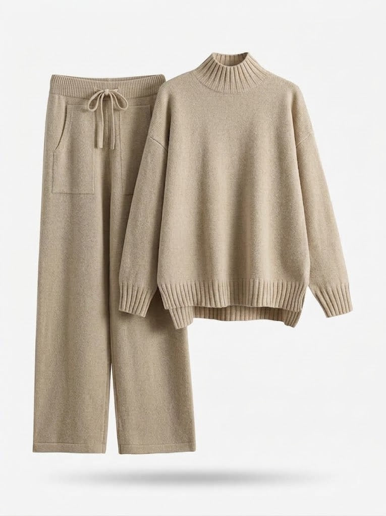Damen Loungewear-Set aus Strick mit Rollkragenpullover & weiter Hose in Blau