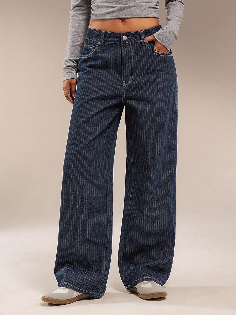 Damen Baggy Jeans dunkelblau mit Nadelstreifen weites Bein