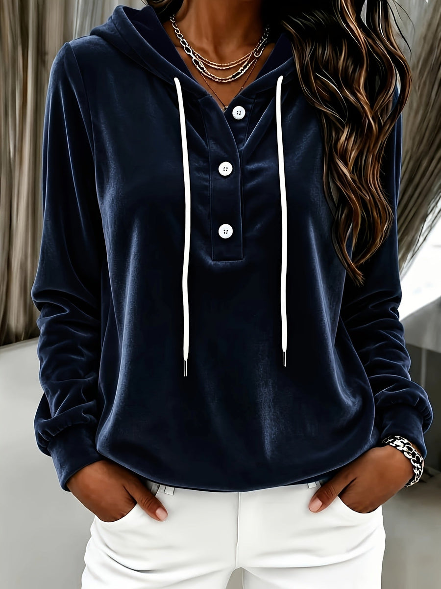 Damen Hoodie Samtoptik mit Kapuze und Knopfleiste, Langarm Sweatshirt Freizeitoberteil