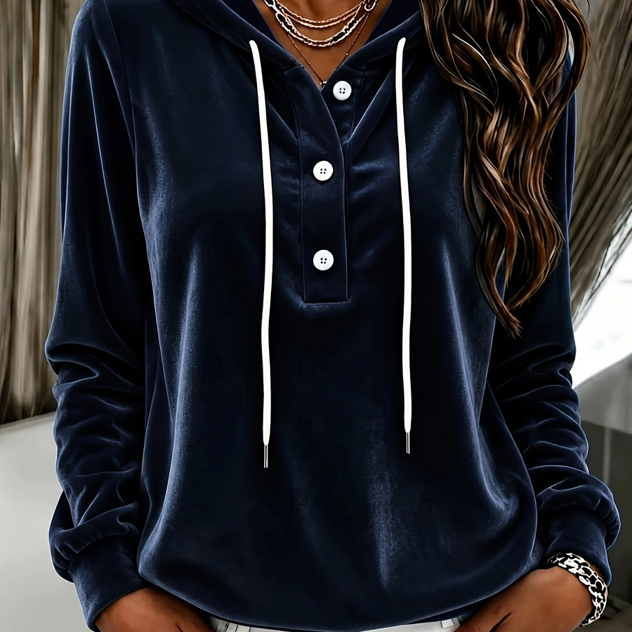 Damen Hoodie Samtoptik mit Kapuze und Knopfleiste, Langarm Sweatshirt Freizeitoberteil