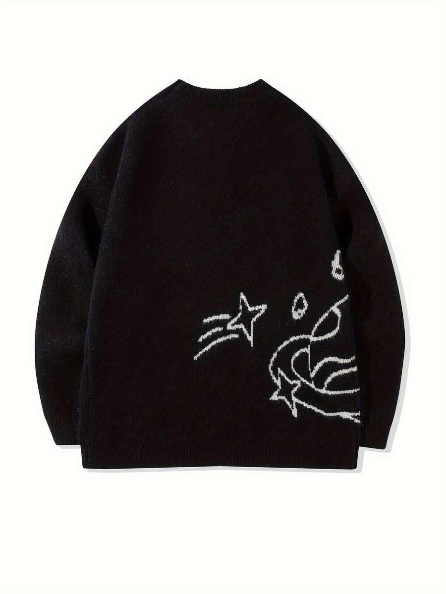 Unisex Strickpullover Rundhals mit Planeten- & Sternenmuster, Weit Geschnitten