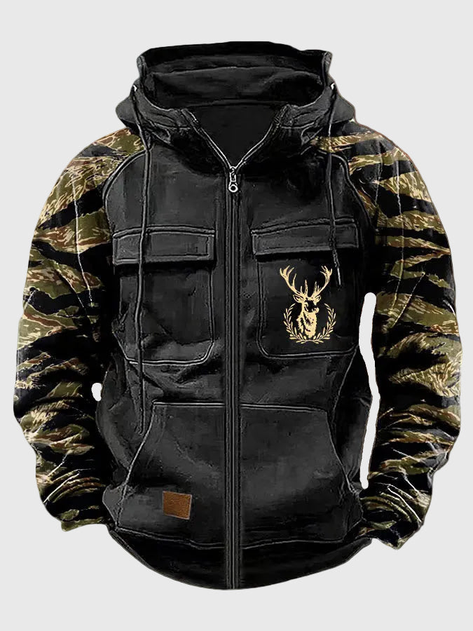 Unisex hoodie met ritssluiting, capuchon, camouflageprint op de mouwen en hertenmotief