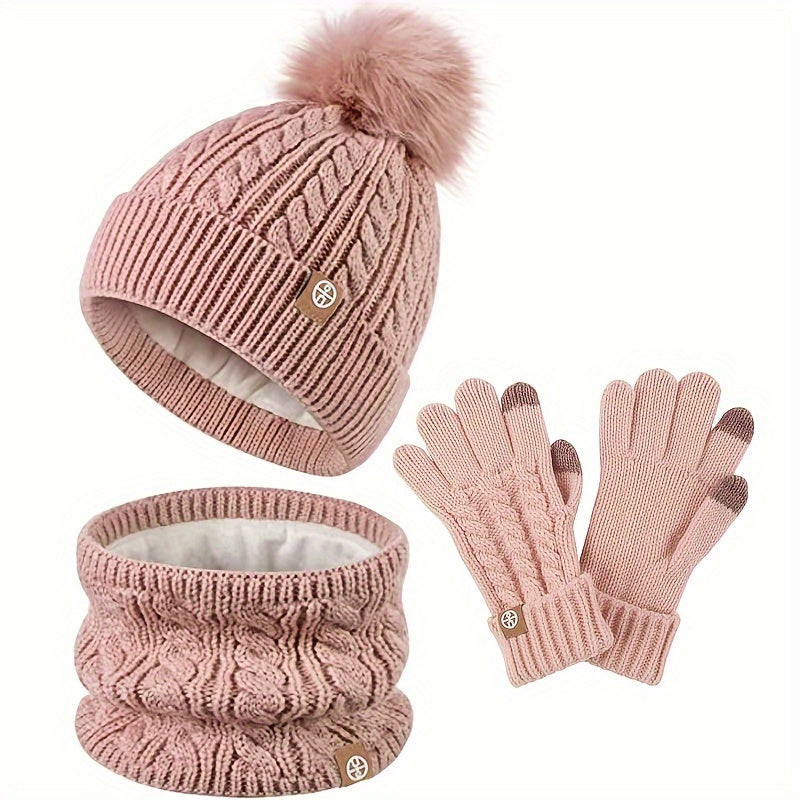 Unisex Strick Mütze mit Bommel, Schal und Handschuhe Set, Winter Warm