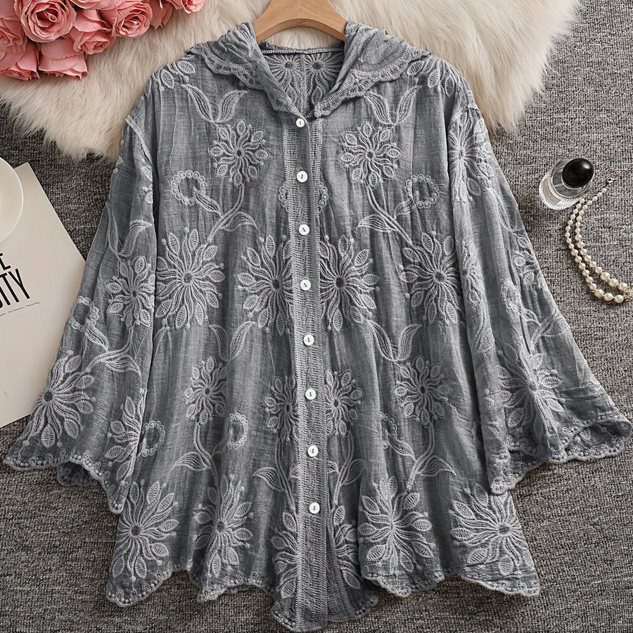 Damen Bestickte Bluse mit Kapuze, Langarm, Floral, Grün