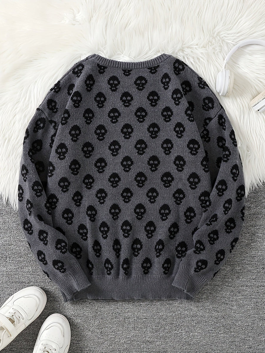 Unisex Strickpullover mit Rundhalsausschnitt und Totenkopfmuster