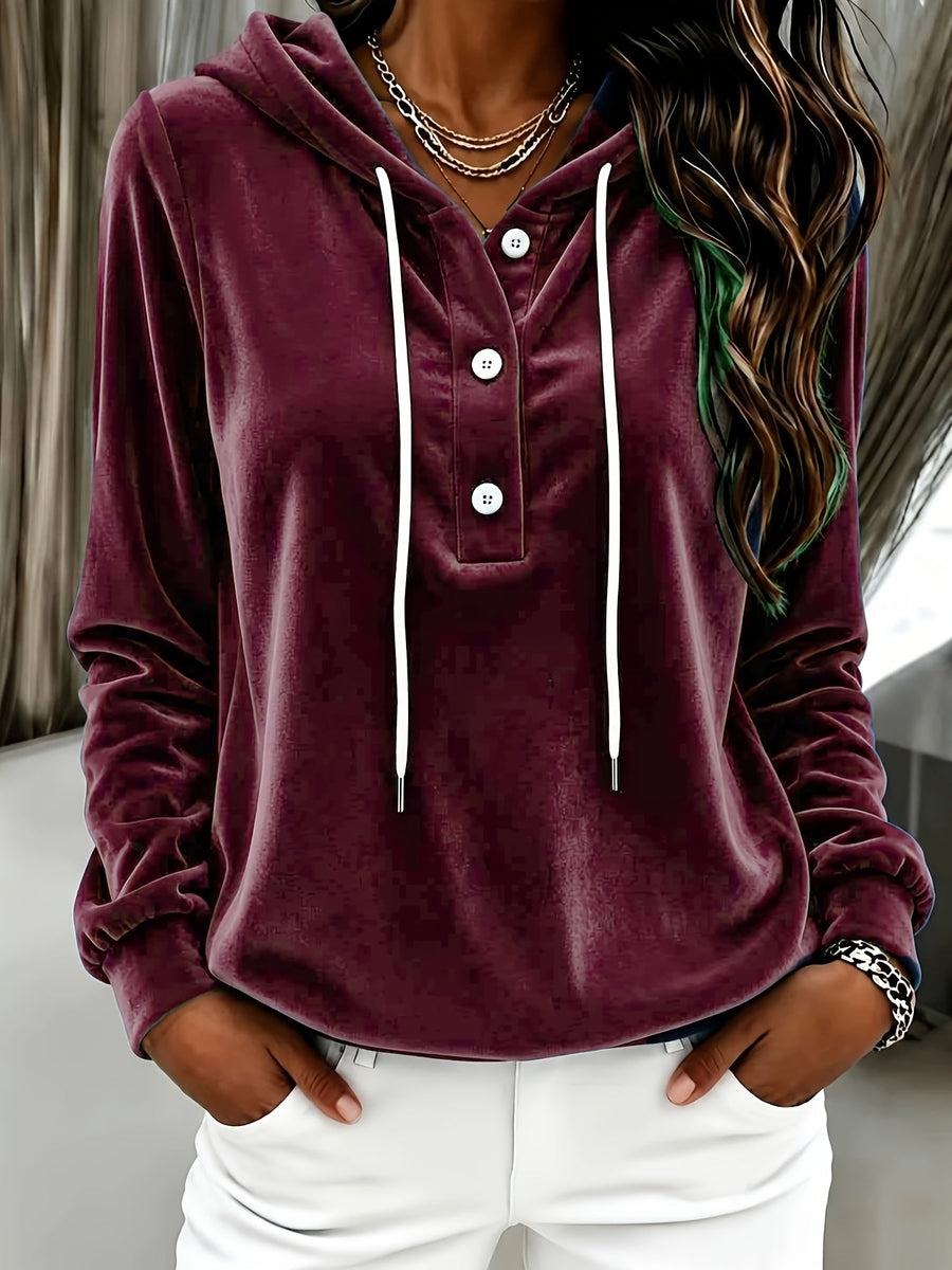 Damen Hoodie Samtoptik mit Kapuze und Knopfleiste, Langarm Sweatshirt Freizeitoberteil