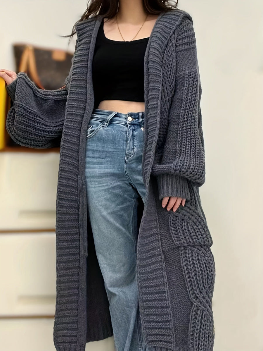 Damen Strickmantel Lang mit Kapuze Zopfmuster Strickjacke Grau