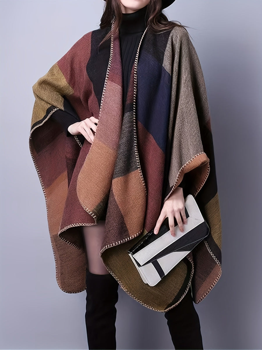 Damen Poncho Cape mit offenem Vorderteil und geometrischem Muster – Boho Stil für Alltag und Freizeit