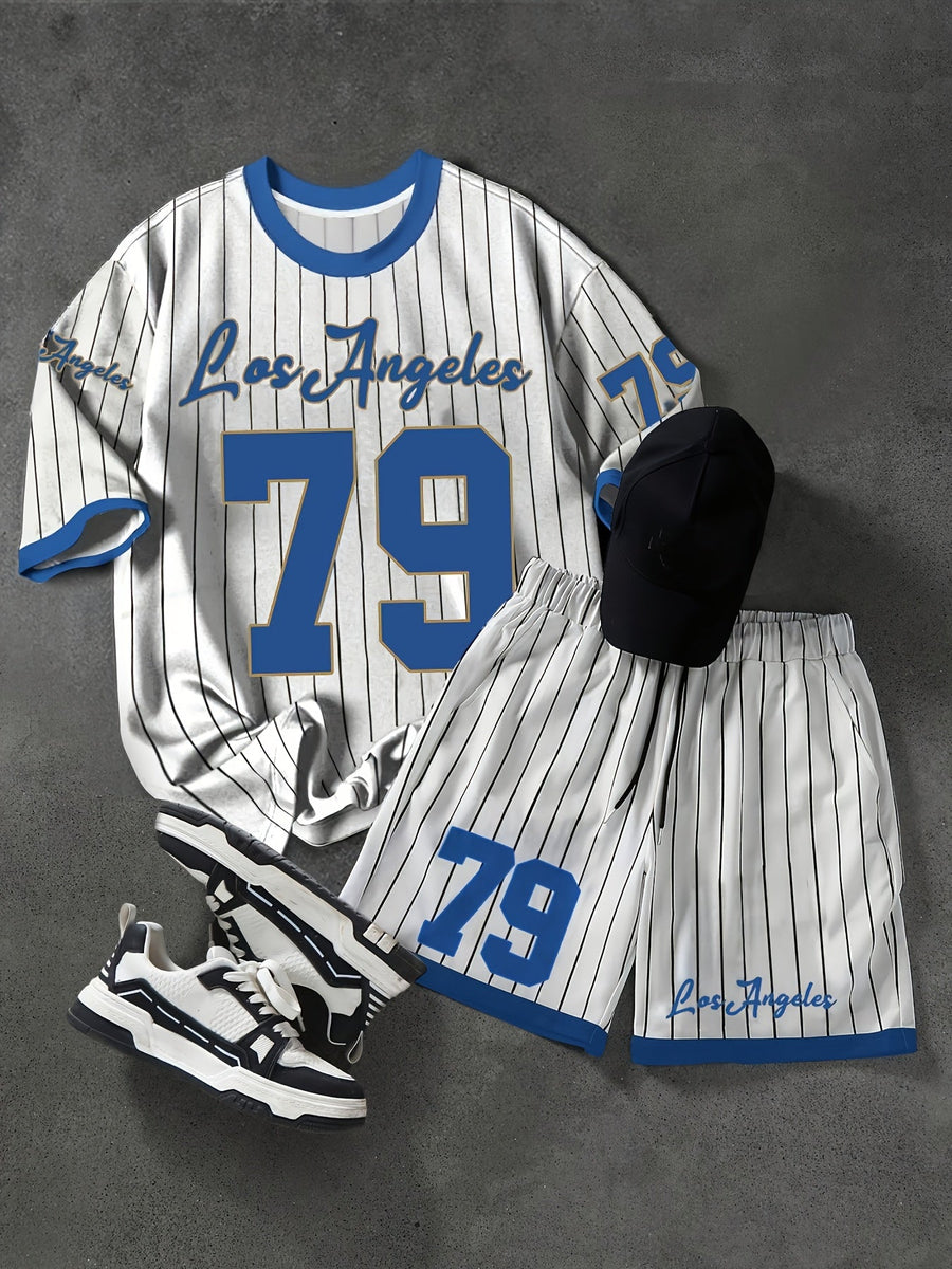 Herren Sportset Los Angeles 79 – Pinstripe Shirt und Shorts im Retro-Stil