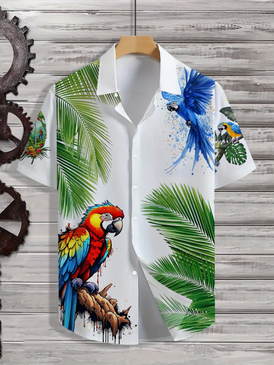 Herren Hawaiihemd mit Papageien-Print und tropischem Palmen-Design – Kurzarm, Freizeit, Sommer
