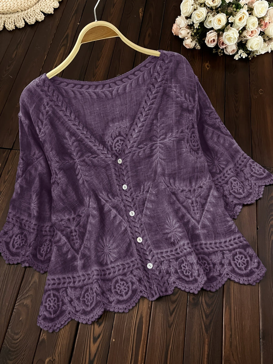Damen Bluse Stickerei Knopfleiste V-Ausschnitt Tunika Oberteil Langarm Blusen