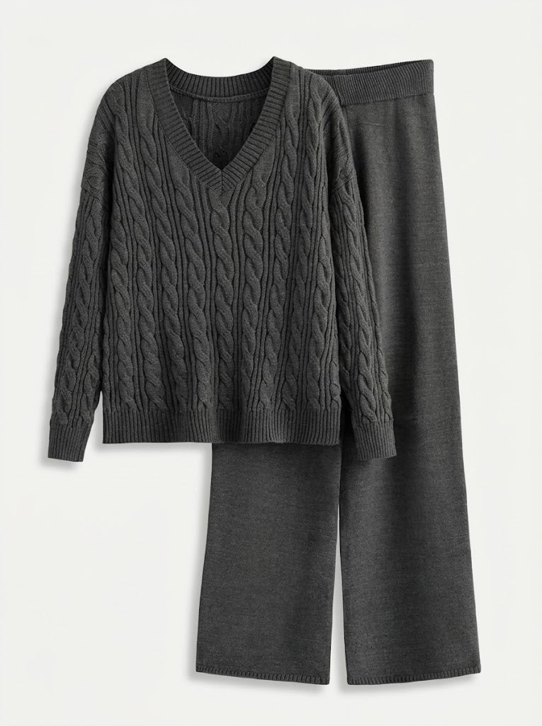 Damen Strick Loungewear Set mit Zopfmuster Pullover & weiter Hose
