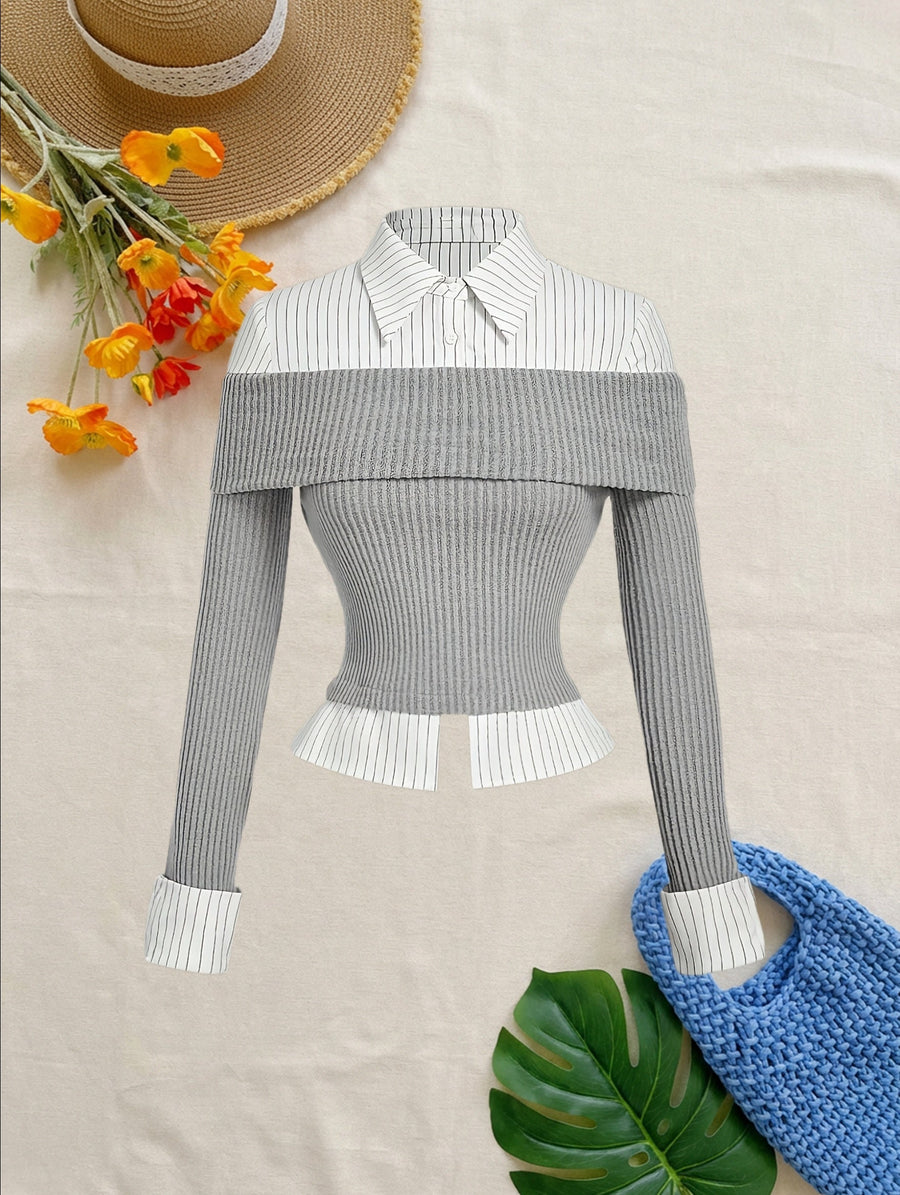 Damen Off-Shoulder Stricktop mit Hemdblusen-Details, gestreift, Grau-Weiß