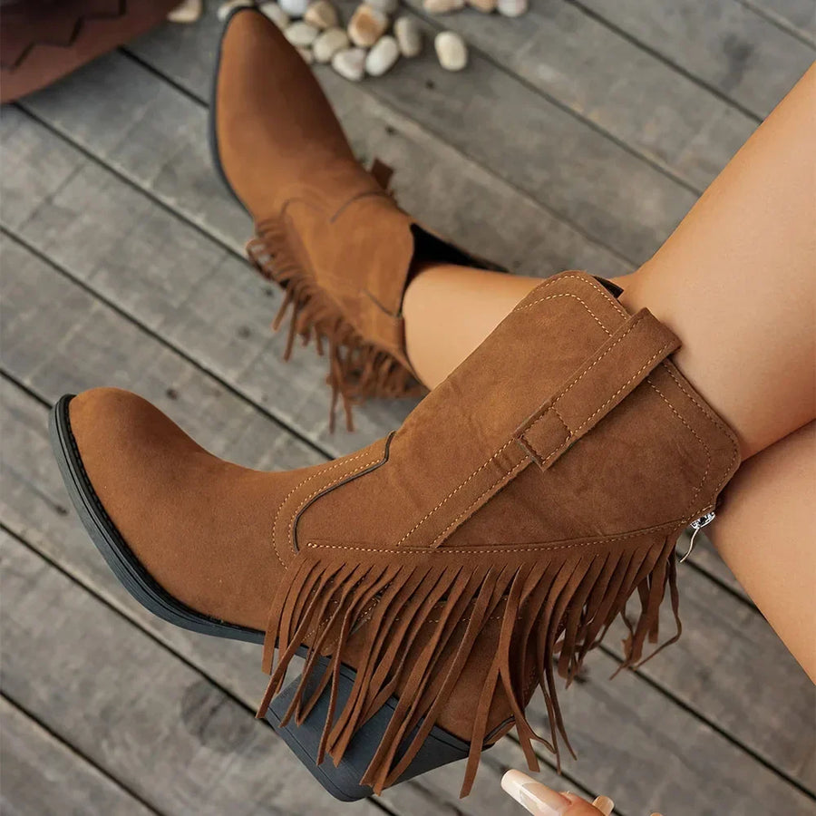 Western Stiefeletten Damen mit Fransen Spitz Zehe Blockabsatz