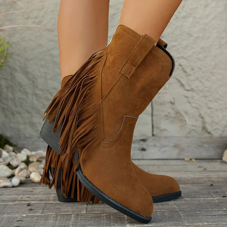 Western Stiefeletten Damen mit Fransen Spitz Zehe Blockabsatz