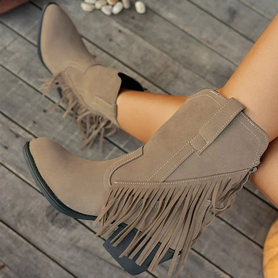 Western Stiefeletten Damen mit Fransen Spitz Zehe Blockabsatz