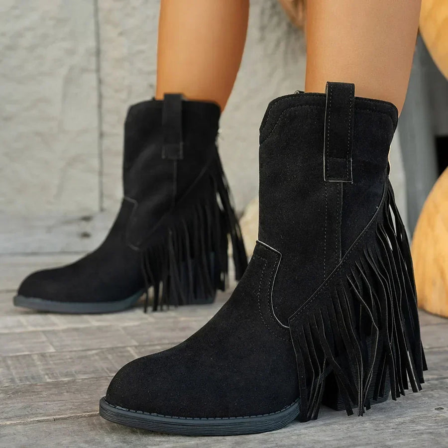 Western Stiefeletten Damen mit Fransen Spitz Zehe Blockabsatz
