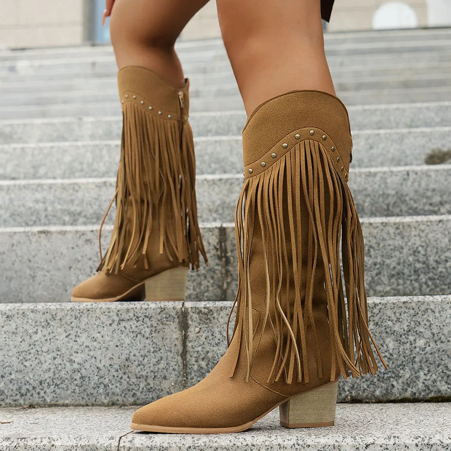 Western Stiefeletten Damen mit Fransen Spitz Zehe Blockabsatz