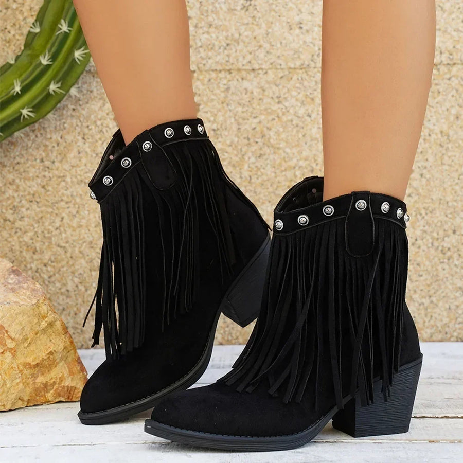 Western Stiefeletten Damen mit Fransen Spitz Zehe Blockabsatz