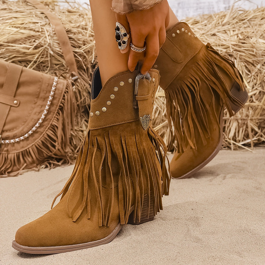 Western Stiefeletten Damen mit Fransen & Nieten, Hellbraun