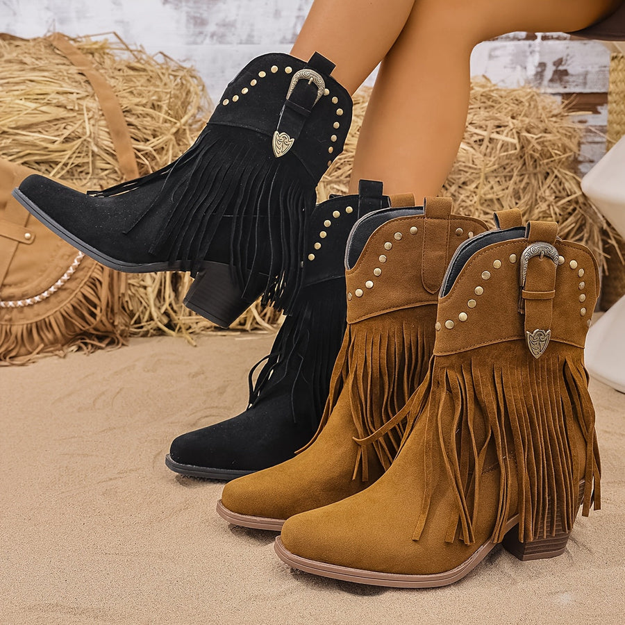 Western Stiefeletten Damen mit Fransen & Nieten, Hellbraun
