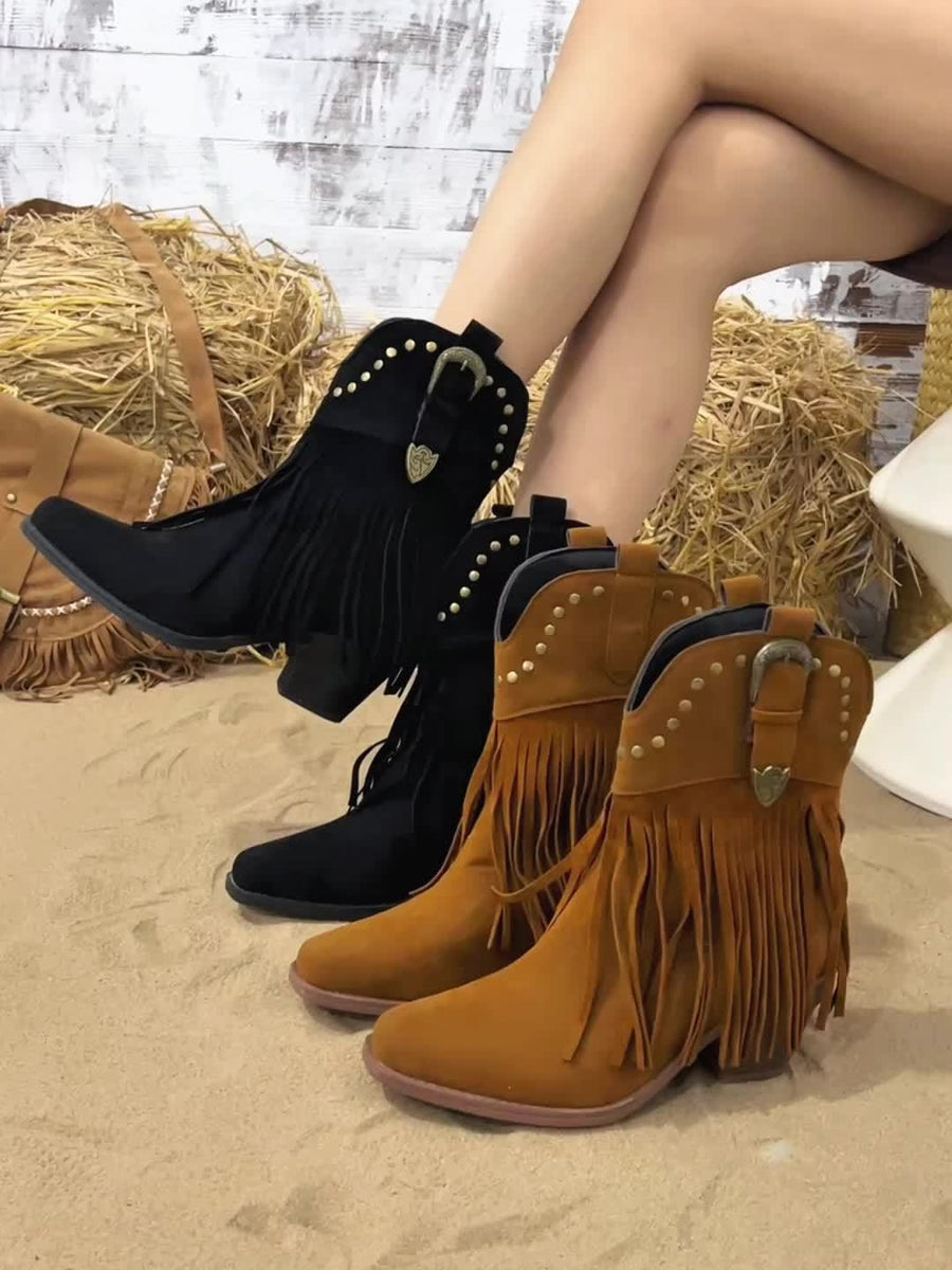 Western Stiefeletten Damen mit Fransen & Nieten, Hellbraun