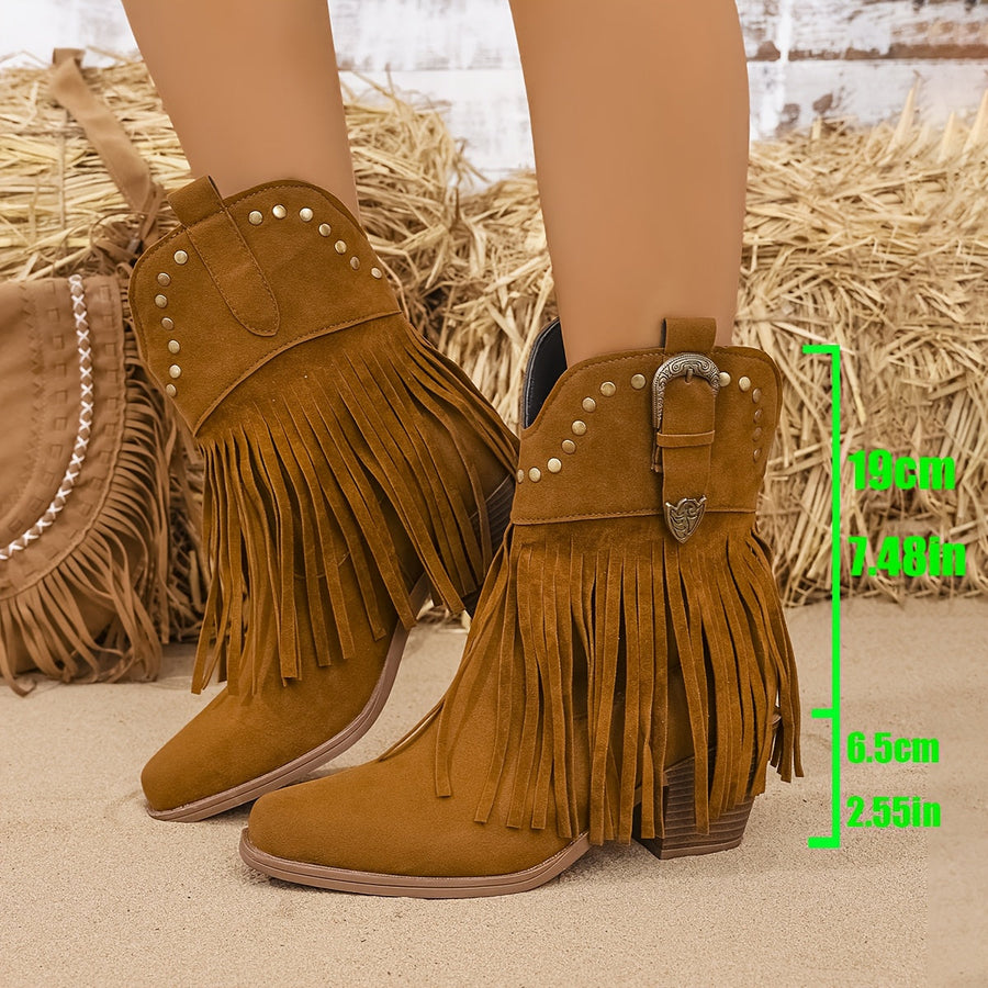 Western Stiefeletten Damen mit Fransen & Nieten, Hellbraun